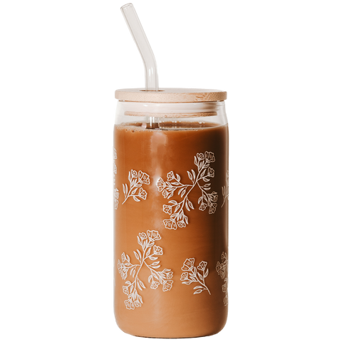 White Floral 17 oz Can Glass w/ Straw and Lid