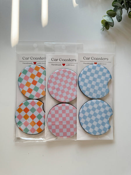 Frederick Family Co. - Car Coasters, Set of 2 Car Floral, Boho Trendy Coasters: #4 Green Checker