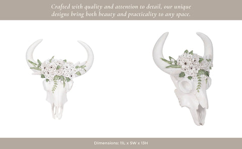 White 13 in. Resin Textured Bull Skull with White Flowers