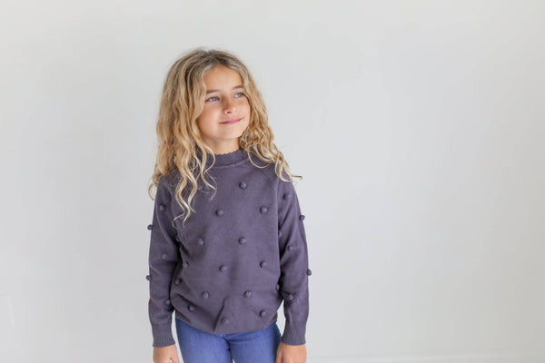 Kids/Youth Dark Gray Pom Pom Fall Winter Crew Neck Sweater