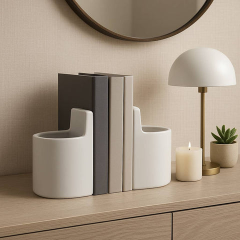 Bookends Set - White Ceramic Solid Pouch Design, 6 in.