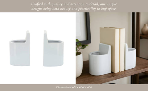 Bookends Set - White Ceramic Solid Pouch Design, 6 in.