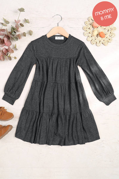 You & Me - YMD10064TKV-KIDS PUFF LONG SLEEVE TIERED HACCI BRUSHED DRESS: Ruby Dark / S(6-7)