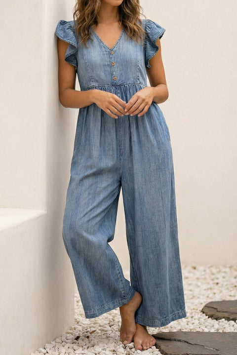Solid Ruffled Short Sleeve Wide Leg Denim Jumpsuit
