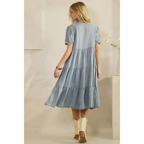 Chambray Charm Tiered Midi Dress