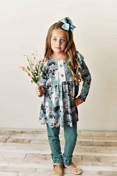 Adorable Sweetness - Kids Sage Green Floral Tunic Top & Legging Pants Set: 7/8