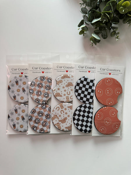 Frederick Family Co. - Car Coasters, Set of 2 Car Floral, Boho Trendy Coasters: #4 Green Checker