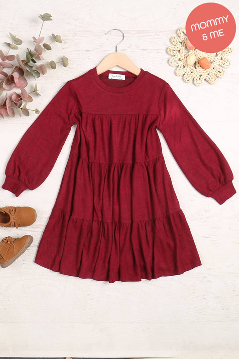 KIDS/YOUTH PUFF LONG SLEEVE TIERED HACCI BRUSHED DRESS: Ruby Dark