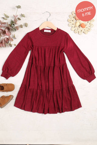 You & Me - YMD10064TKV-KIDS PUFF LONG SLEEVE TIERED HACCI BRUSHED DRESS: Ruby Dark / 5T