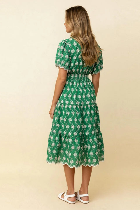 Ruffle Neck Embroidery Scallop Hem Dress