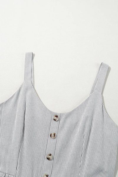 Stripe Half Buttoned Sleeveless Wide Leg Jumpsuit