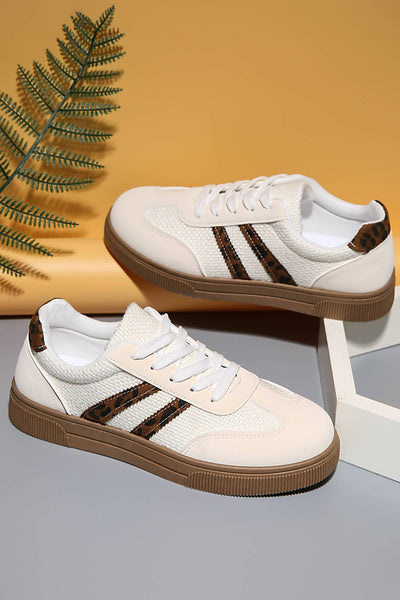 Textured Woven PU Leather Leopard Patchwork Flat Sneakers