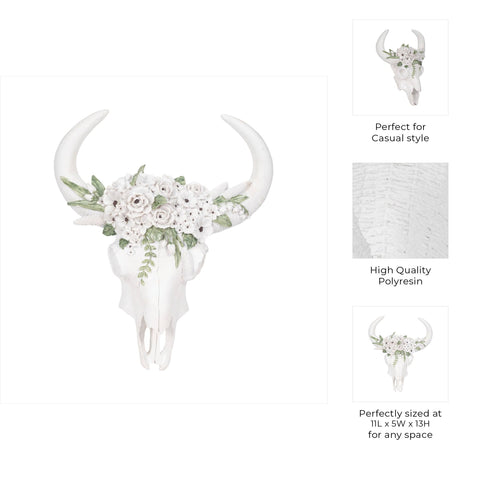 White 13 in. Resin Textured Bull Skull with White Flowers