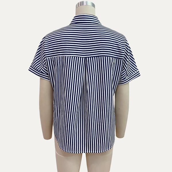 The Moment Collection - Classic Striped Print Collared Button-Up Short Sleeve Shirt: Dark Red / L