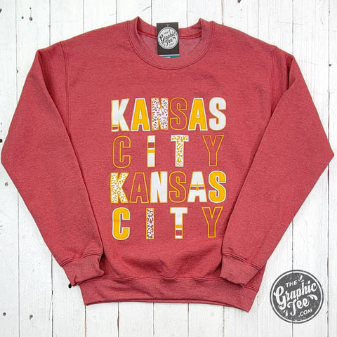 The Graphic Tee - *WHOLESALE* Kansas City Multi Pattern Letters Heather Sport Scarlet Crewneck Sweatshirt