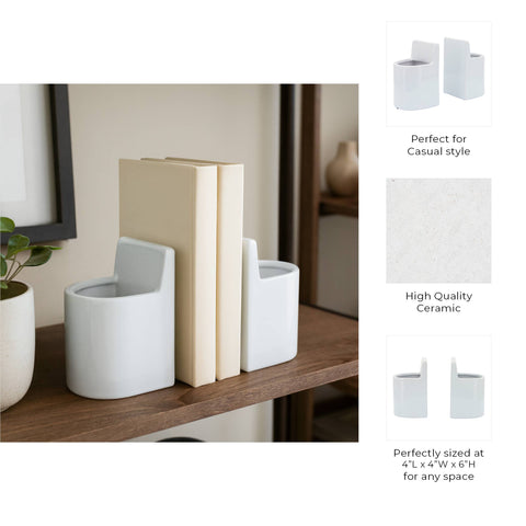 Bookends Set - White Ceramic Solid Pouch Design, 6 in.
