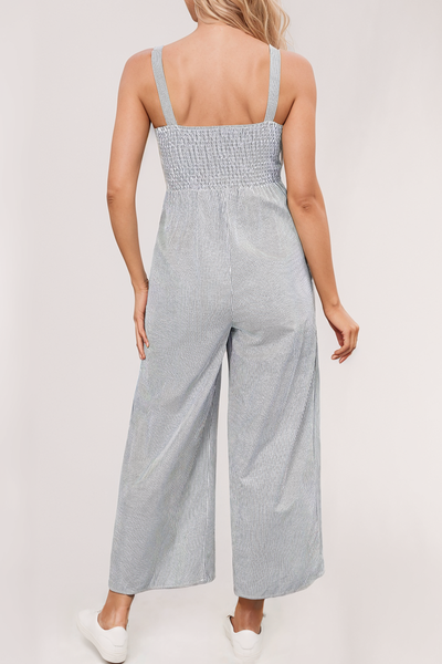 Stripe Half Buttoned Sleeveless Wide Leg Jumpsuit