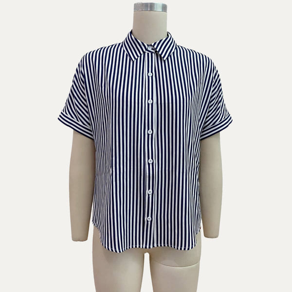 The Moment Collection - Classic Striped Print Collared Button-Up Short Sleeve Shirt: Dark Red / XL