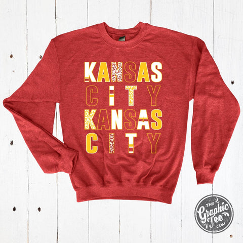 The Graphic Tee - *WHOLESALE* Kansas City Multi Pattern Letters Heather Sport Scarlet Crewneck Sweatshirt