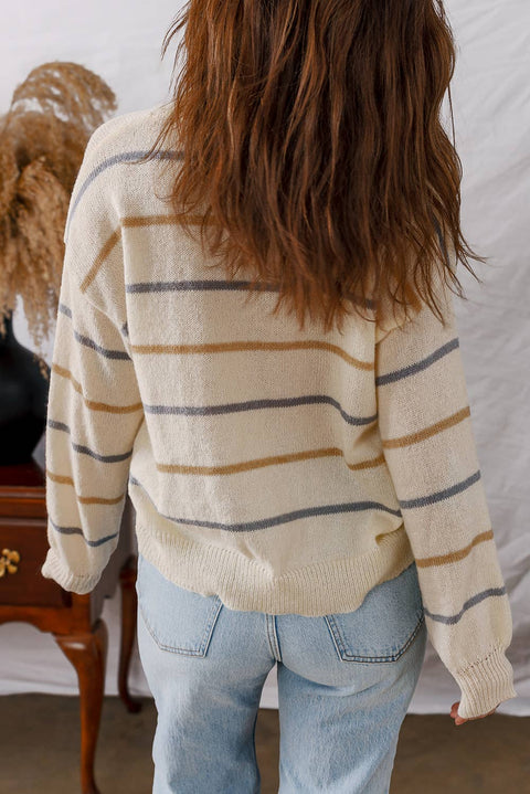 Striped Ribbed Edge Drop Shoulder Sweater