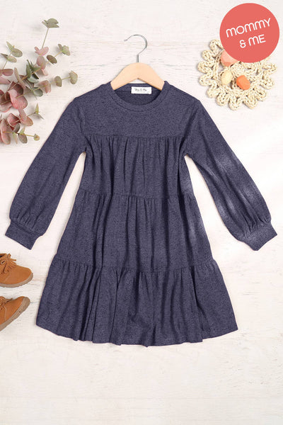 You & Me - YMD10064TKV-KIDS PUFF LONG SLEEVE TIERED HACCI BRUSHED DRESS: Ruby Dark / 3T