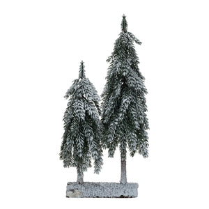 Faux Evergreen Trees w/ Wood Base, Snow Finish, Green