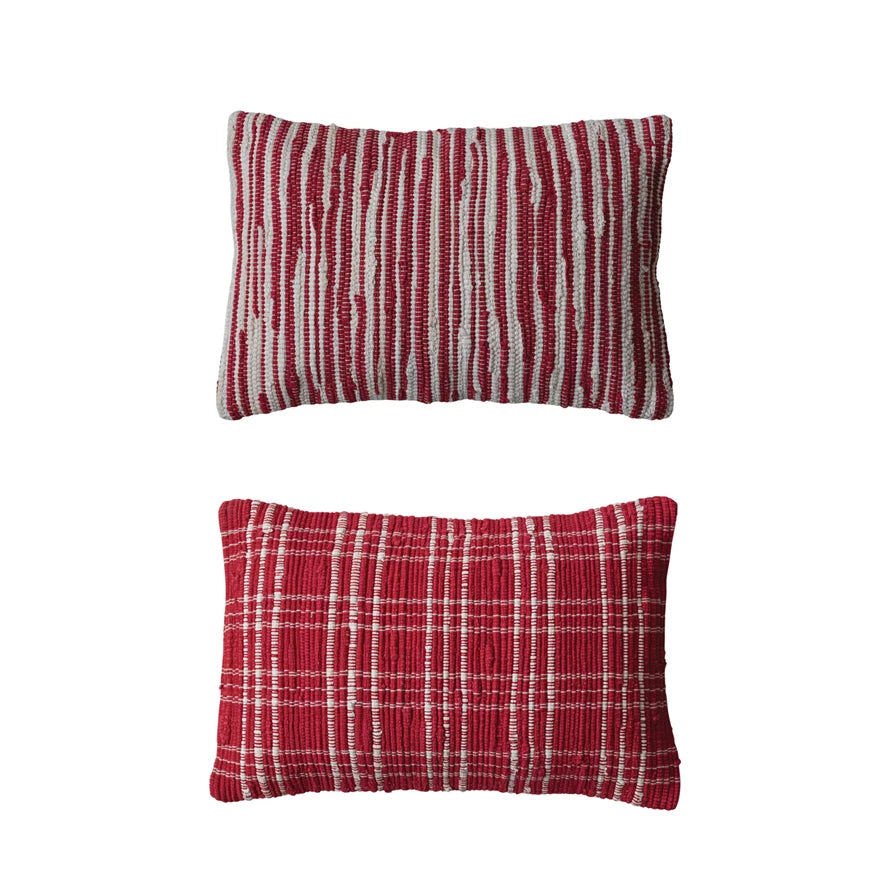 24"L x 16"H Hand-Woven Recycled Cotton Chindi Lumbar Pillow, Red & White, 2 Styles