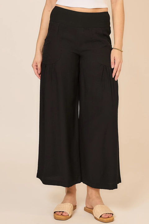 Wide Leg Folded Elastic Waist Pants with Lace Trim Detail