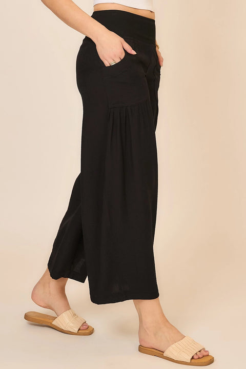 Wide Leg Folded Elastic Waist Pants with Lace Trim Detail