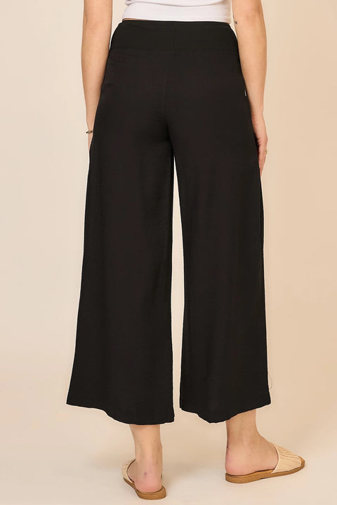 Wide Leg Folded Elastic Waist Pants with Lace Trim Detail