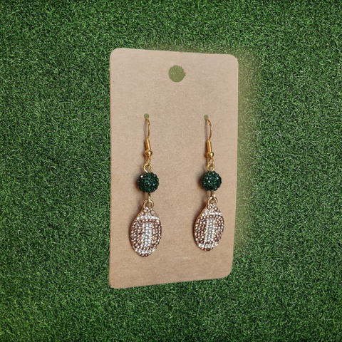 Green & Gold Bobcat Rhinestone Football Earrings