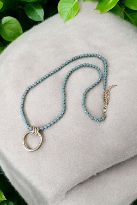 Light Gray Wood Beaded Long Necklace with Metal Circle Pendant
