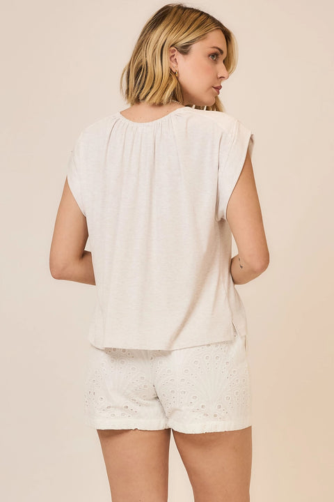 Ruched Neck Folded Cap Sleeve Top