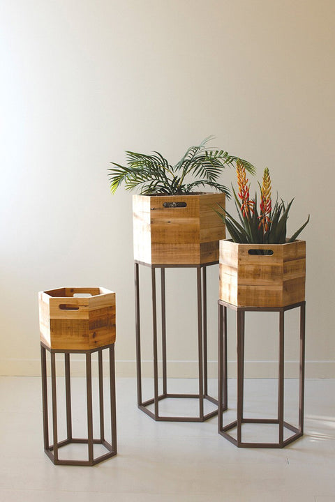 Hexagon Recycled Wood Planters on Metal Bases