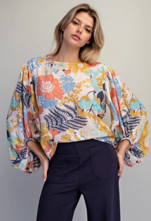 Retro Floral Balloon Sleeve Blouse