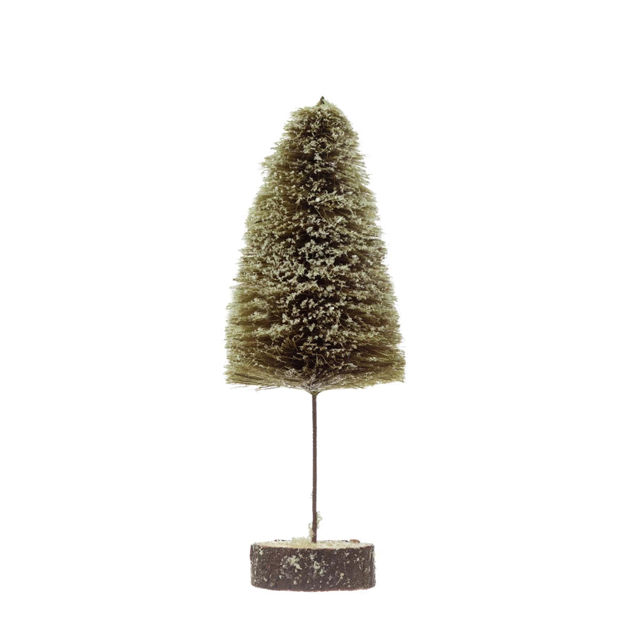 Sisal Bottle Brush Tree with Wood Slice Base, Snow Finish