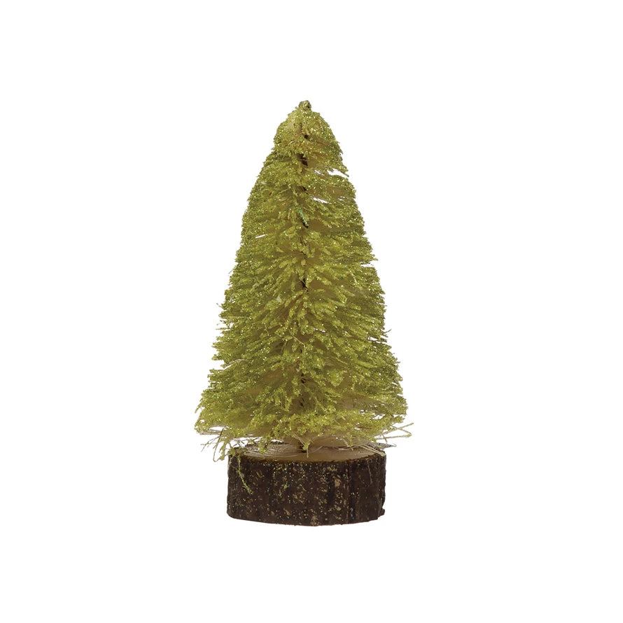2-3/4" Round x 4-3/4"H Sisal Bottle Brush Tree with Wood Slice Base, Chartreuse