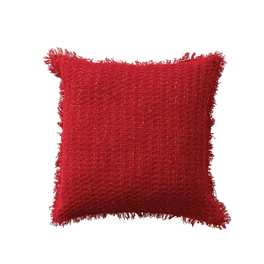 20" Square Woven Cotton Pillow w/ Metallic Gold Thread & Fringe, Red