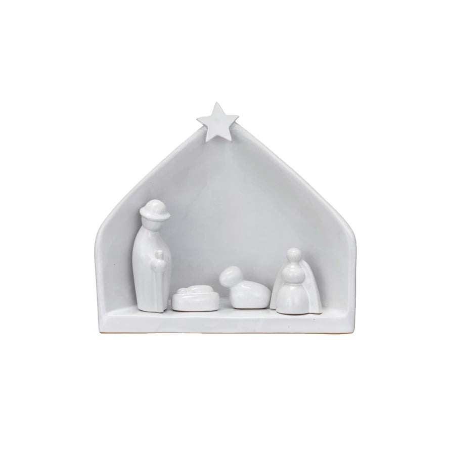 Stoneware Nativity, Reactive Glaze, White