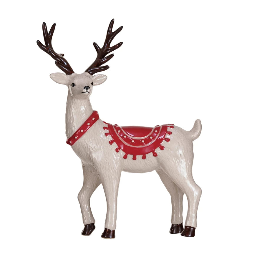Stoneware Reindeer, White, Red & Black