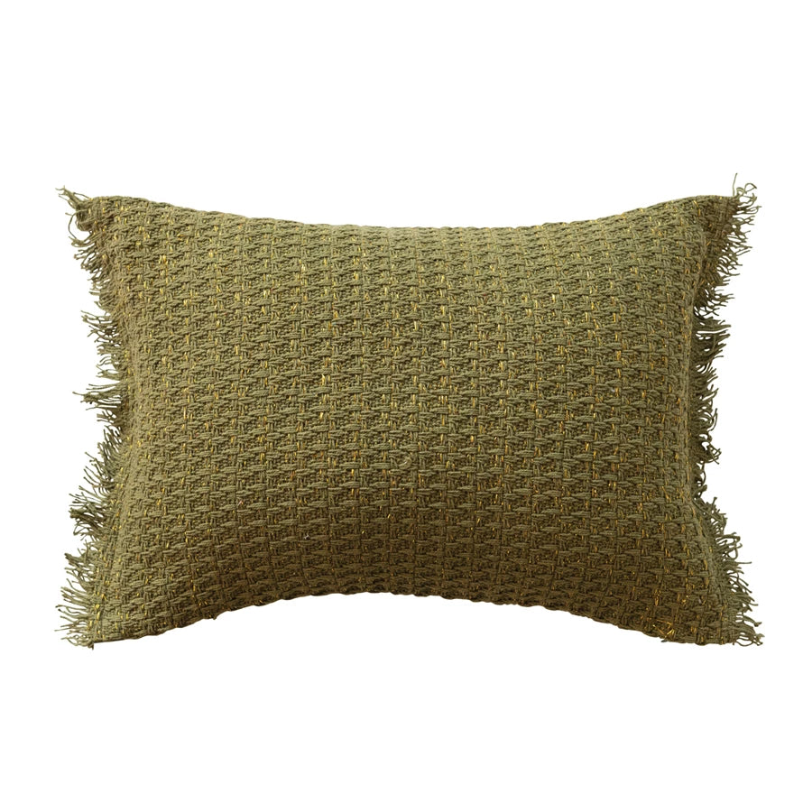20"L x 14"H Woven Cotton Lumbar Pillow w/ Metallic Gold Thread & Fringe, Green