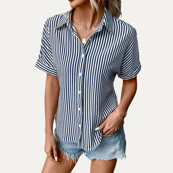 The Moment Collection - Classic Striped Print Collared Button-Up Short Sleeve Shirt: Dark Red / S