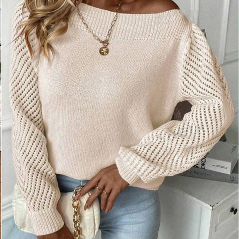Hollow-out long-sleeved line neck pullover sweater