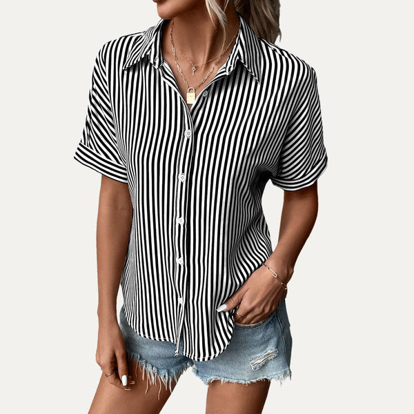 The Moment Collection - Classic Striped Print Collared Button-Up Short Sleeve Shirt: Dark Red / L