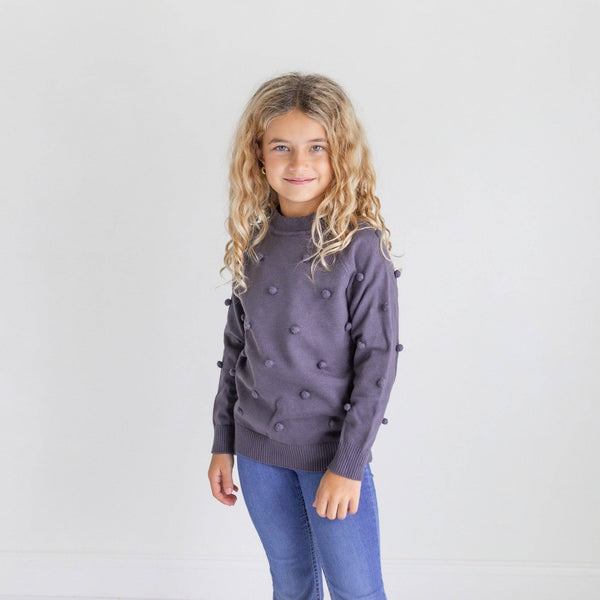 Kids/Youth Dark Gray Pom Pom Fall Winter Crew Neck Sweater