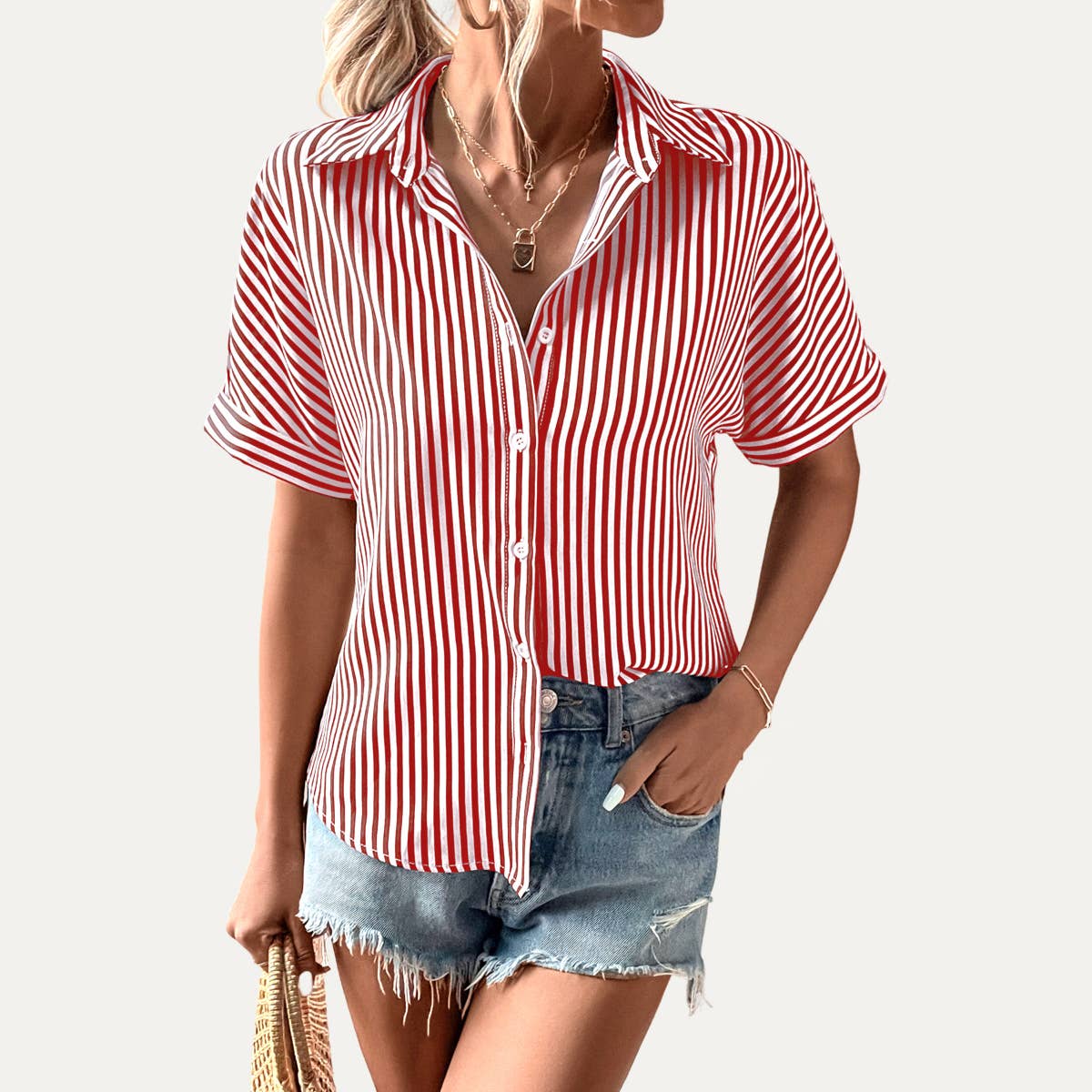 The Moment Collection - Classic Striped Print Collared Button-Up Short Sleeve Shirt: Dark Red / M