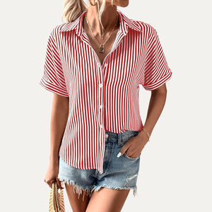 The Moment Collection - Classic Striped Print Collared Button-Up Short Sleeve Shirt: Dark Red / S