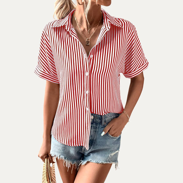 The Moment Collection - Classic Striped Print Collared Button-Up Short Sleeve Shirt: Dark Red / XL