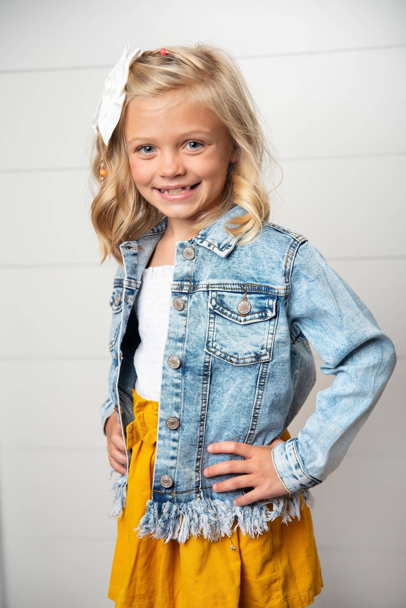 Kids/Youth Light Wash Faded Denim Fringe Winter Button Jacket