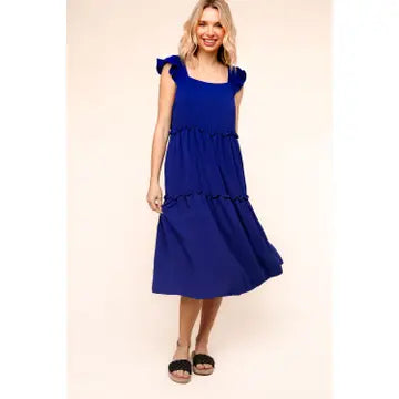 Solid Woven Midi Length Dress w/ Side Pocket